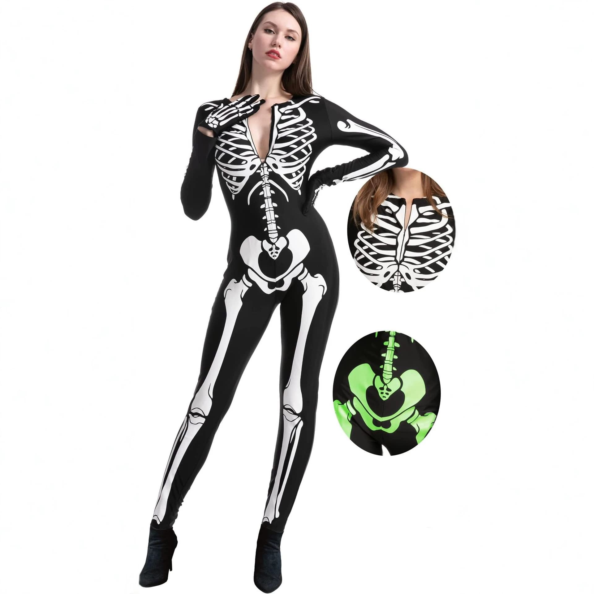 Halloween Performance Costume Skeleton Bodysuit Black and White Print Zip-up Cosplay Halloween Costume