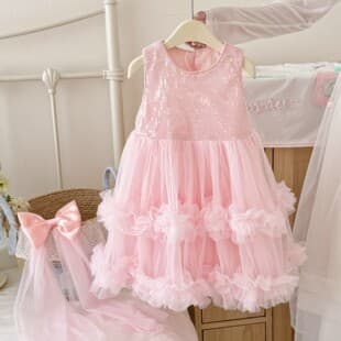 Girls Sequin Dress Summer New Fashionable Mesh Tulle Cake Dress Princess Style Birthday Party Dress Fairy Puffy Dress