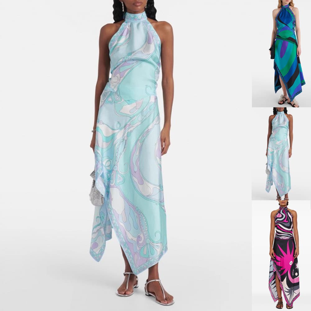Amazon Cross-border European and American Style 2026 New Printed Satin Halter Backless Top and Skirt Two-Piece Set
