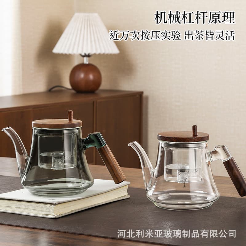 Elegant cup teapot with all-glass inner wall, walnut wood reinforced, tea-water separation filter, high-end