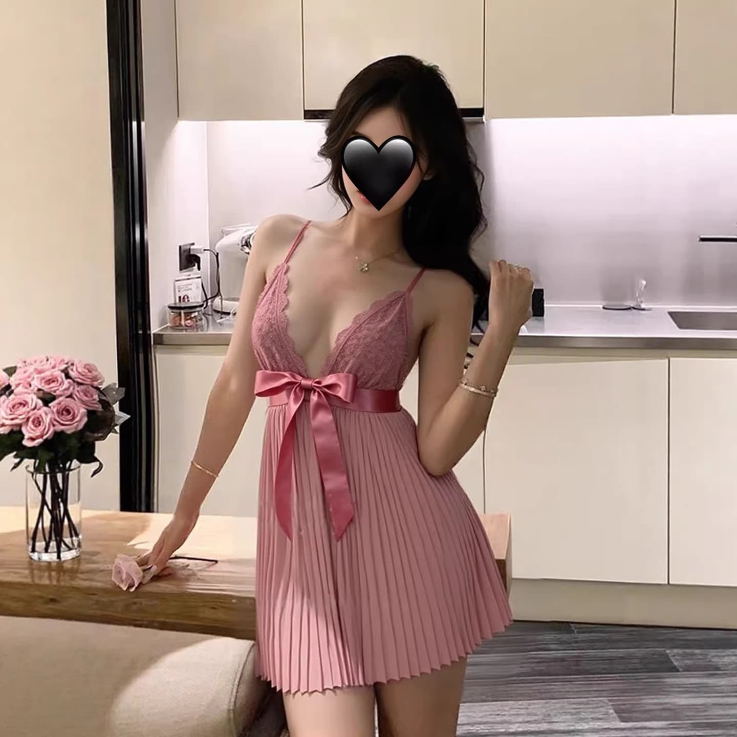 Sexy Lace Pleated Camisole Sleep Dress for Women, Pure Desire Innerwear with Bowknot, Exquisite Pajamas