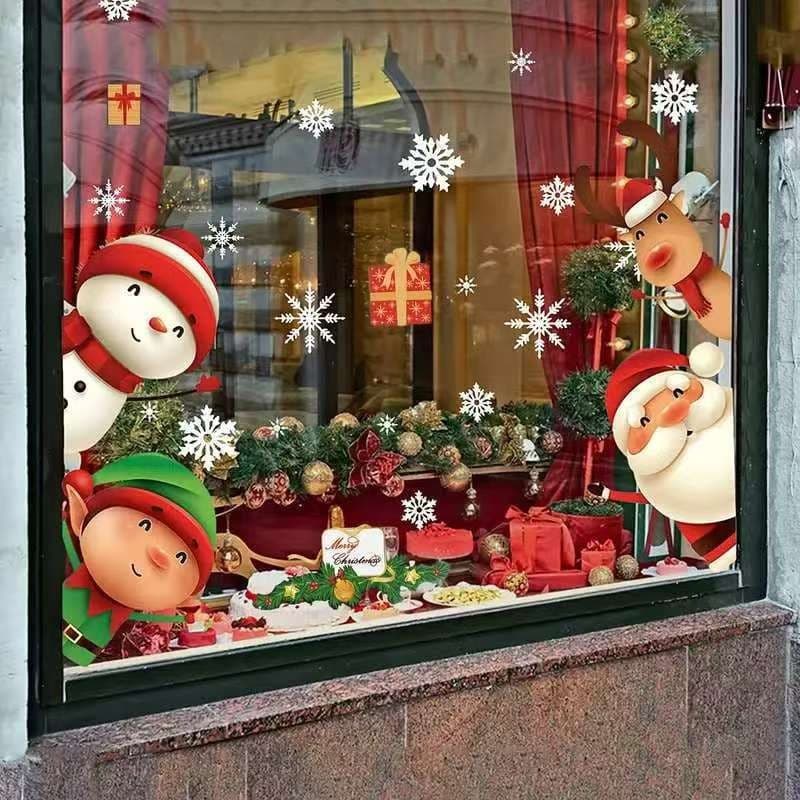 New export style Christmas decorations, including reindeer, glass window decorations, electrostatic stickers, snowman window decals, and cartoon designs.