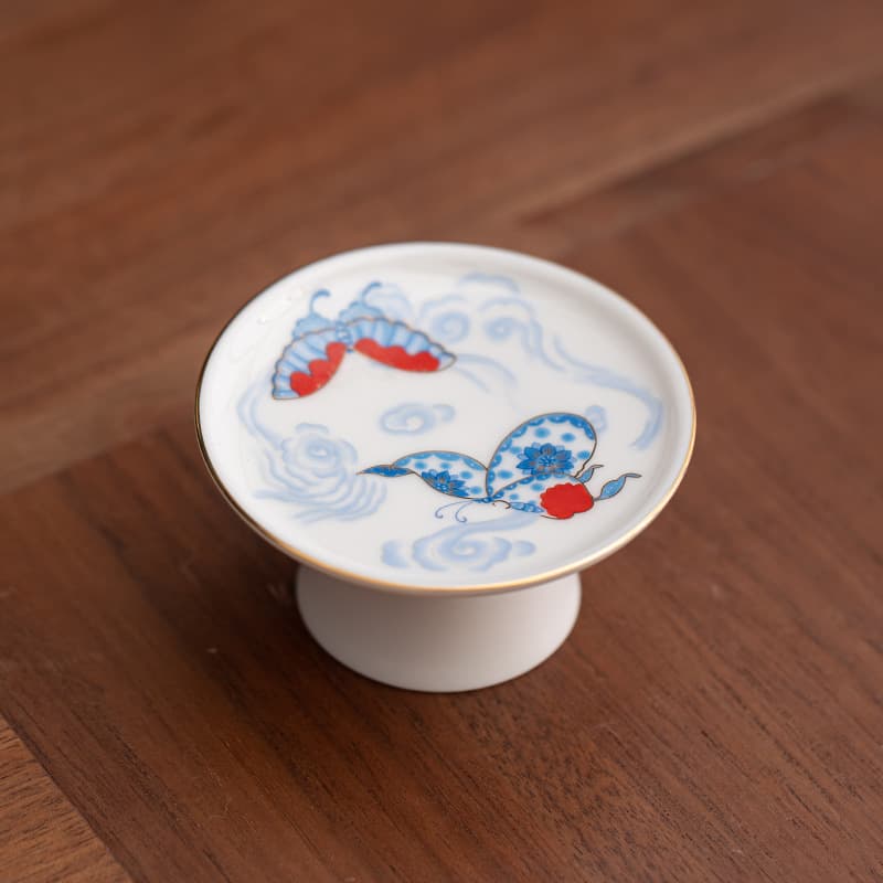Chinese Style Butterfly Flying Like Dance High Foot Lid Rest, Tea Ceremony Zero Accessories, Home Use White Porcelain Teapot Lid Bowl Holder Mat