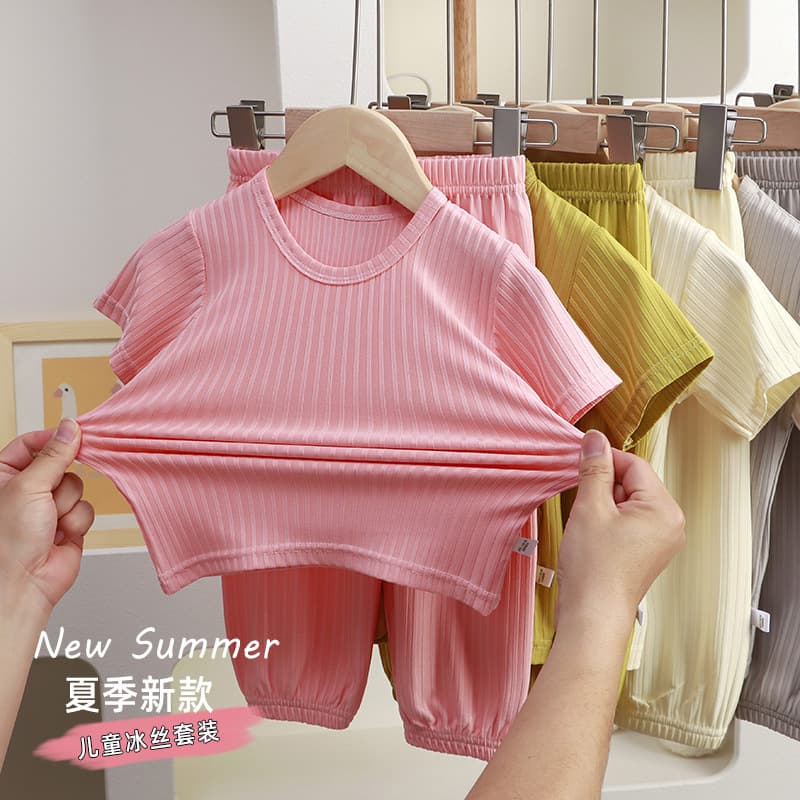 2025 Summer New Children's Homewear Korean Style Casual Solid Color Set Kids Pajamas Wholesale