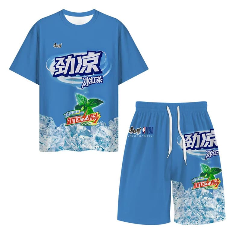 Factory Wholesale Ice Black Tea Short Sleeve Set for Best Friends, Casual Sport Cool Ice Green Tea Short Sleeve Set