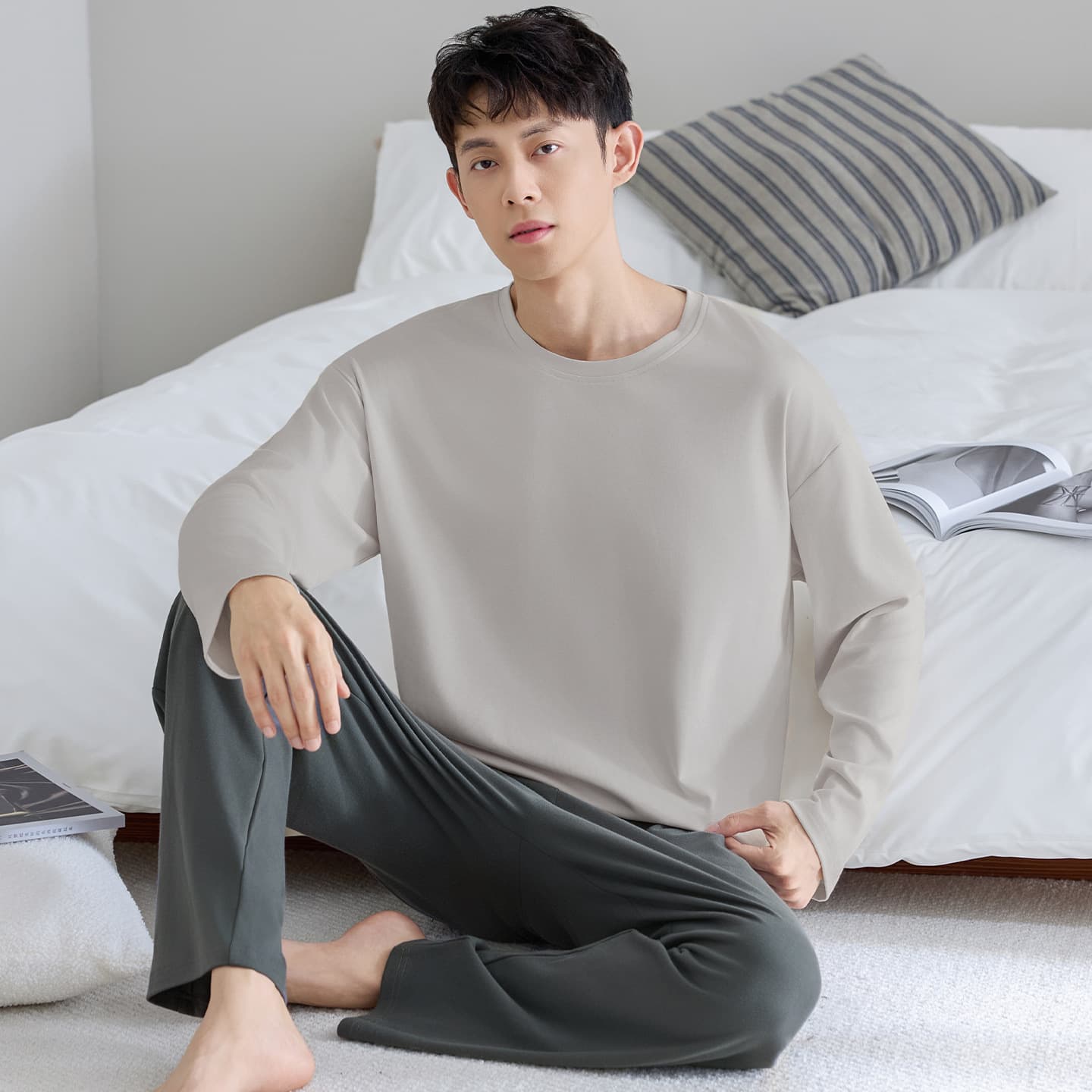 2025 New Men's Spring/Autumn Cotton Long-Sleeve Pajama Set - Casual, Comfortable, Simple, Wearable Outside