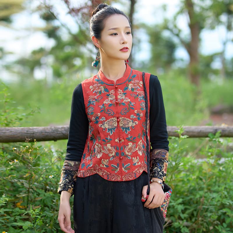 Ethnic Style Women's Wear Heavy Work Full Embroidery Vest Outerwear New Jacquard Brocade Embroidery Sleeveless Vest Jacket