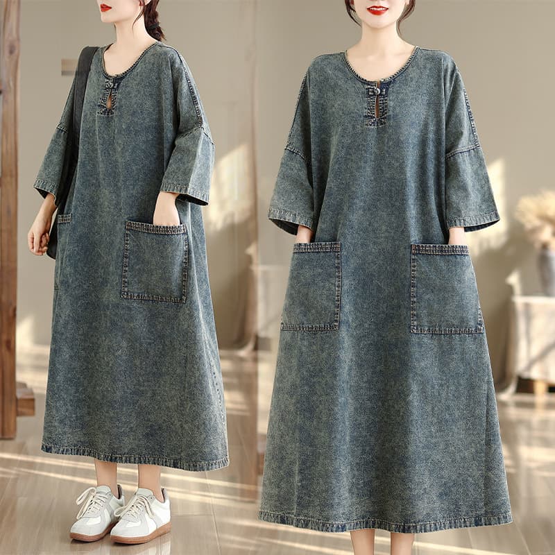 Denim dress mid-length loose casual fashion plus size women's retro national style skirt