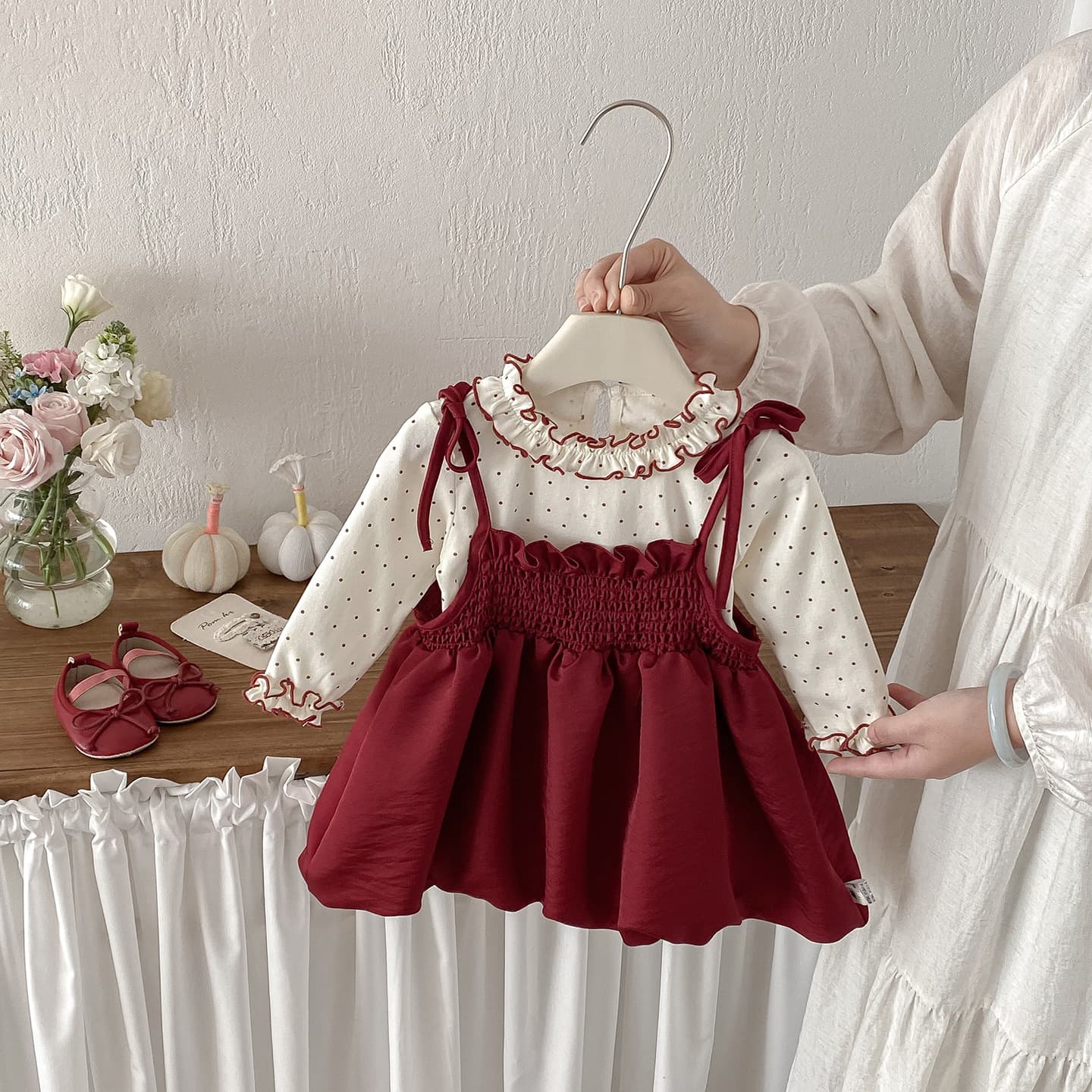 Dianxi spring new baby bow suspender skirt suit baby girl polka dot doll shirt skirt two-piece set