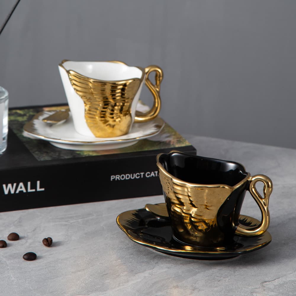 Gold-Plated Ceramic Espresso Cup Saucer Electroplated Peacock Coffee Cup Saucer Set Ceramic Afternoon Tea Cup Saucer