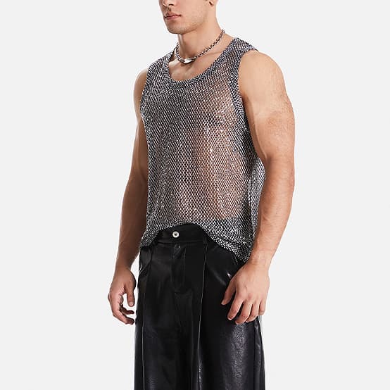 European & American Men's Fishnet Back Hollow Out Strap Tank Top Sexy See-Through Sequin Rave Club Wear Bar Nightclub Outfit