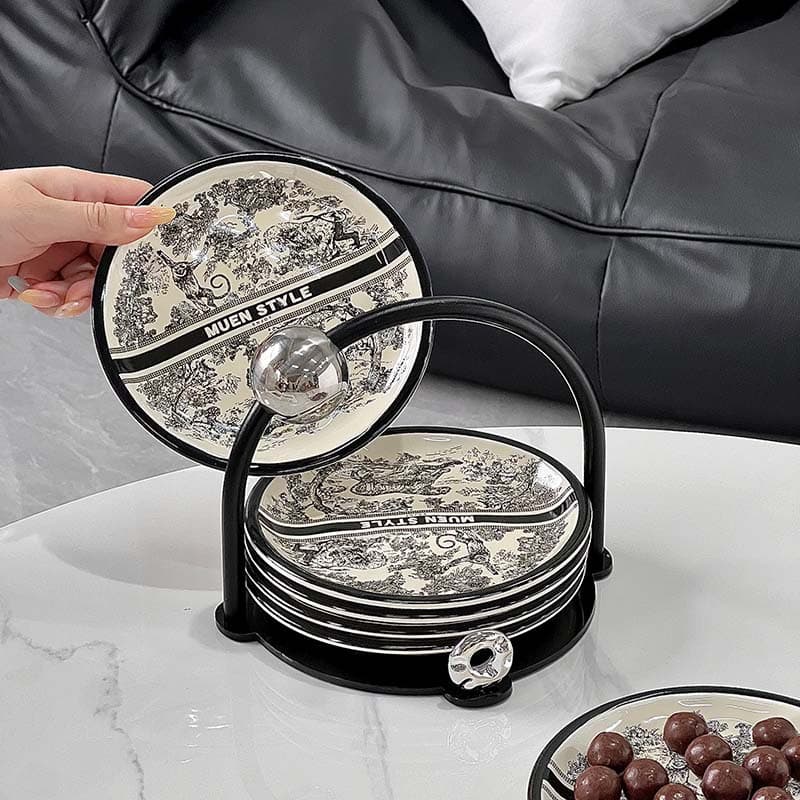 Light Luxury Ceramic Bone Spit Plate, High-End Retro Ink Painting Basket Set, Restaurant Stylish Snack Fruit Plate