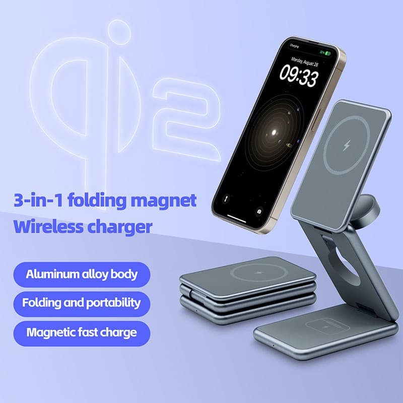 3-in-1 Aluminum Alloy Wireless Charger for iPhone Watch Earbuds Wireless Charging Foldable Metal Stand