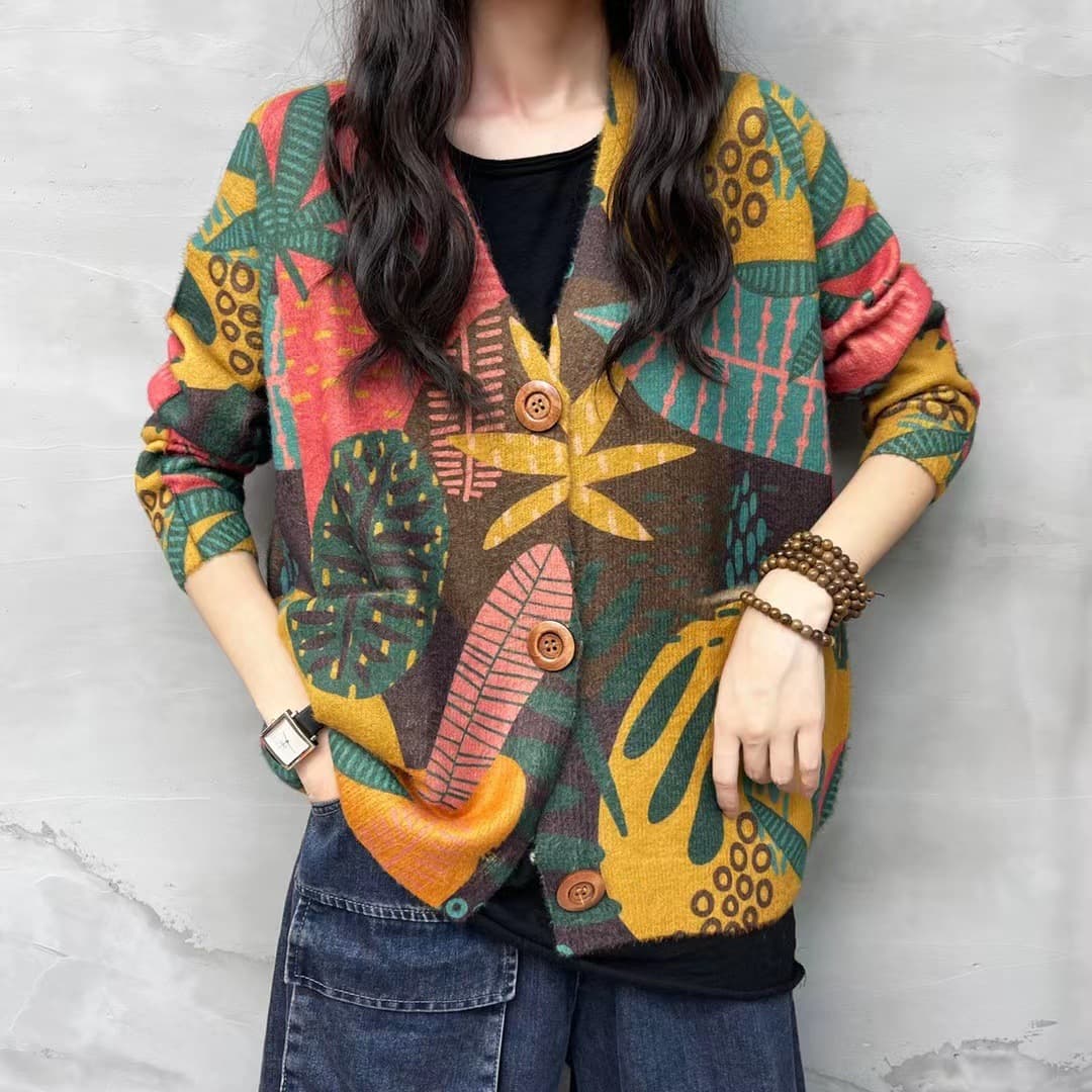 Women's Knitted Sweater Autumn/Winter 2025 New Ethnic Style Yunnan Print V-neck Cardigan Mink Fleece Outerwear Cross-border
