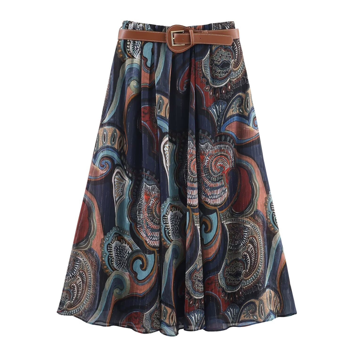 European and American style Amazon AliExpress popular fashion trend versatile design with belt metallic thread printed midi skirt