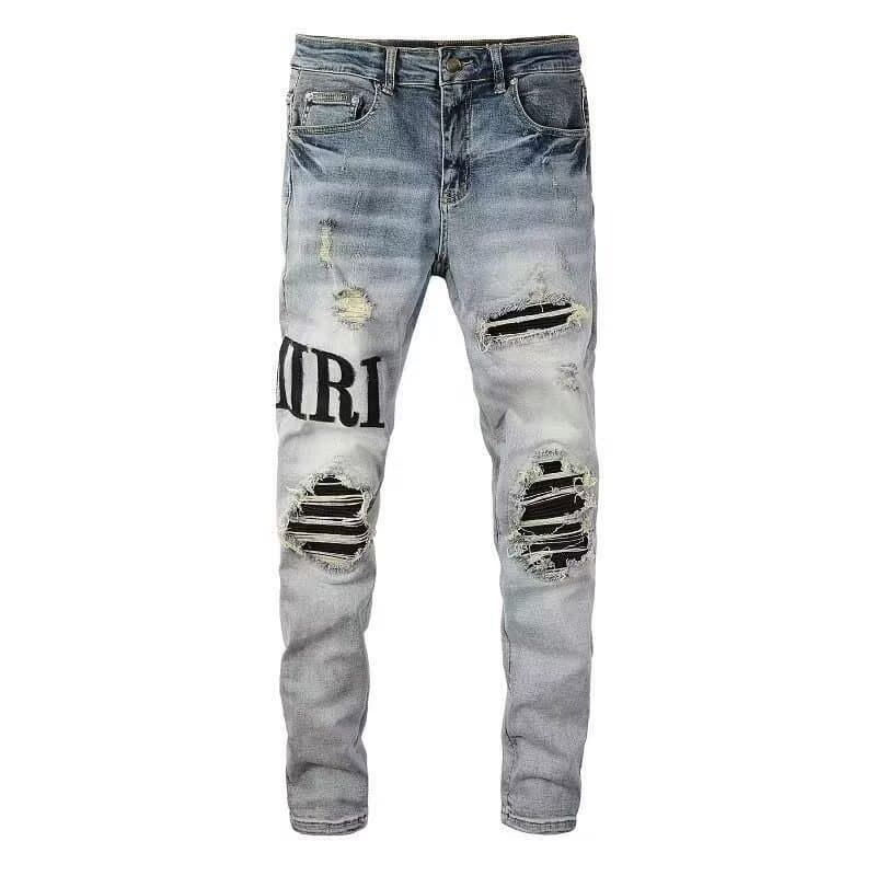 High-End AM Export Style Punk Vintage Blue Ripped Slim Fit Stretch Printed Dyed Skinny Jeans for Men