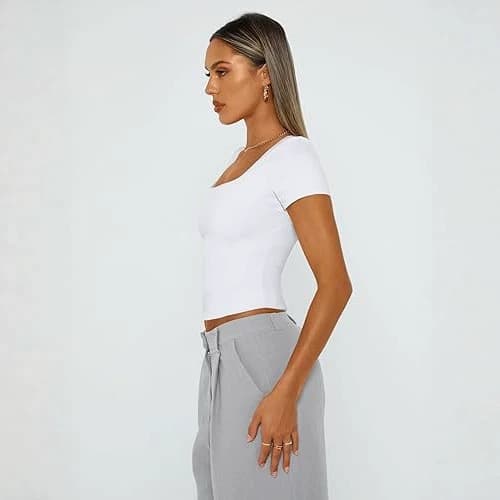 Cross-border European and American Women's Short Sleeve T-Shirt, Square Neck, Cute Cropped Top, Spring and Summer Basic T-Shirt for Fitness and Outings
