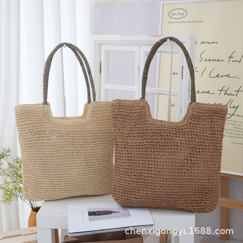 Striped Large Capacity Single Shoulder Straw Woven Bag New Simple Tote Woven Bag Vacation Style Beach Bag Versatile Women's Bag
