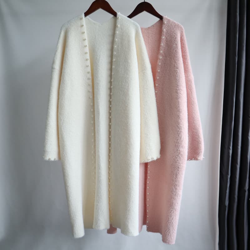 Mink-like Long Loose Lazy Style Cardigan for Women Autumn Winter Knitwear Korean Beaded Sweater Coat Thick Open Front