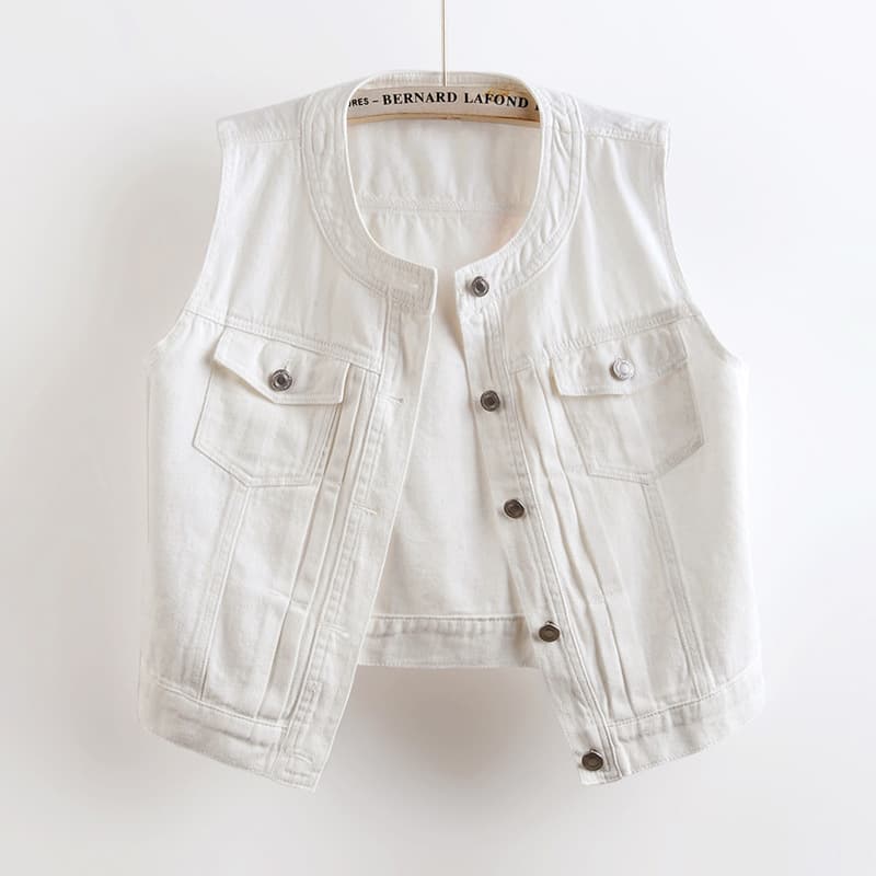 2025 Spring/Summer New Round Neck Denim Vest Women's Sleeveless Vest Top White Fashionable