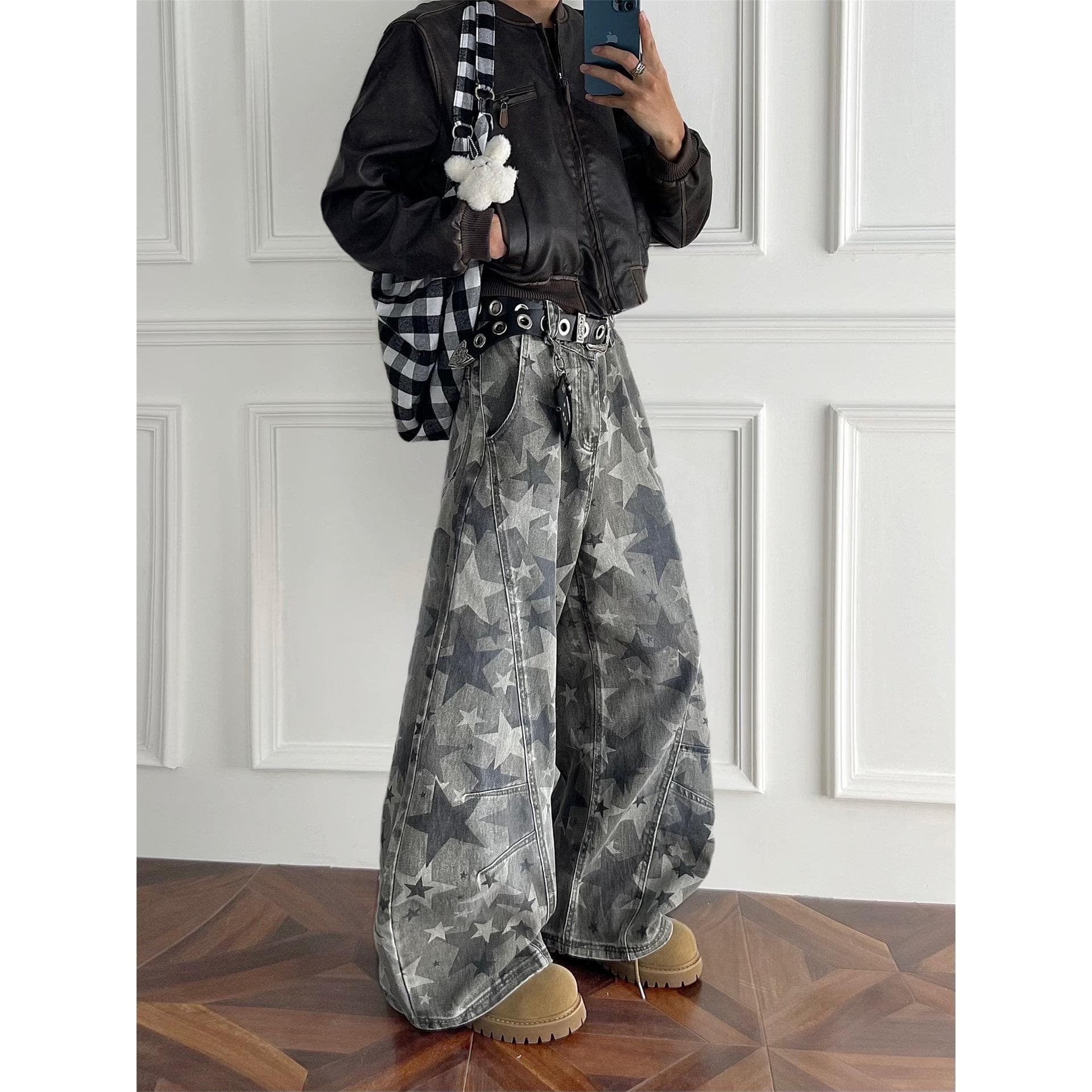 American deconstructed washed camouflage men's jeans, heavy celebrity print, high street loose hip hop pants