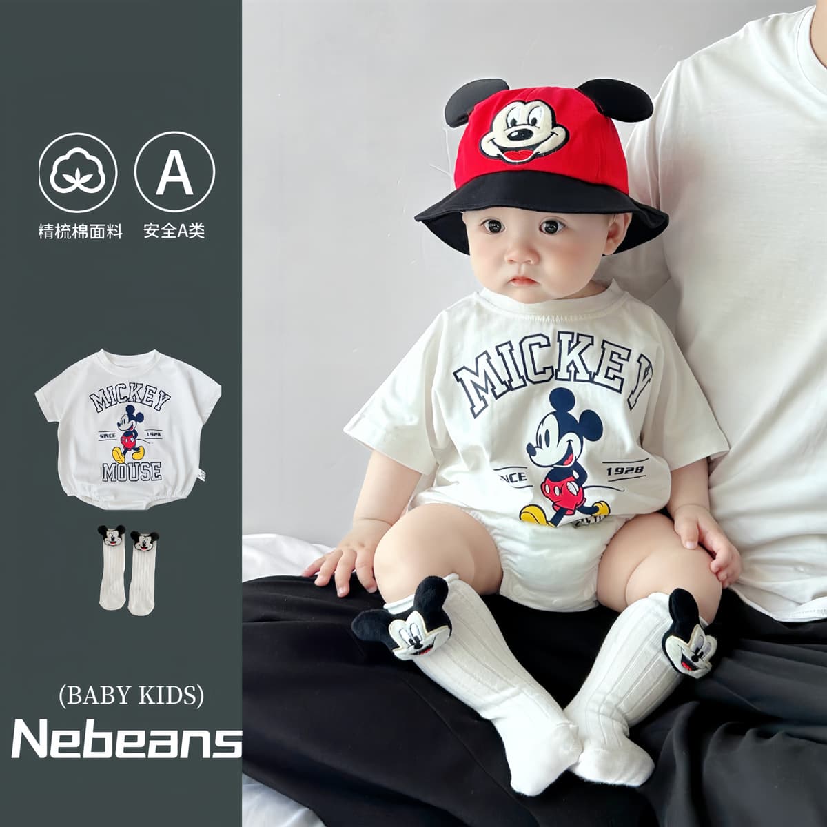 2025 Summer Newborn Baby Triangle Bodysuit Set A-Cotton Soft Mickey Mouse Baby Romper & Crawling Suit