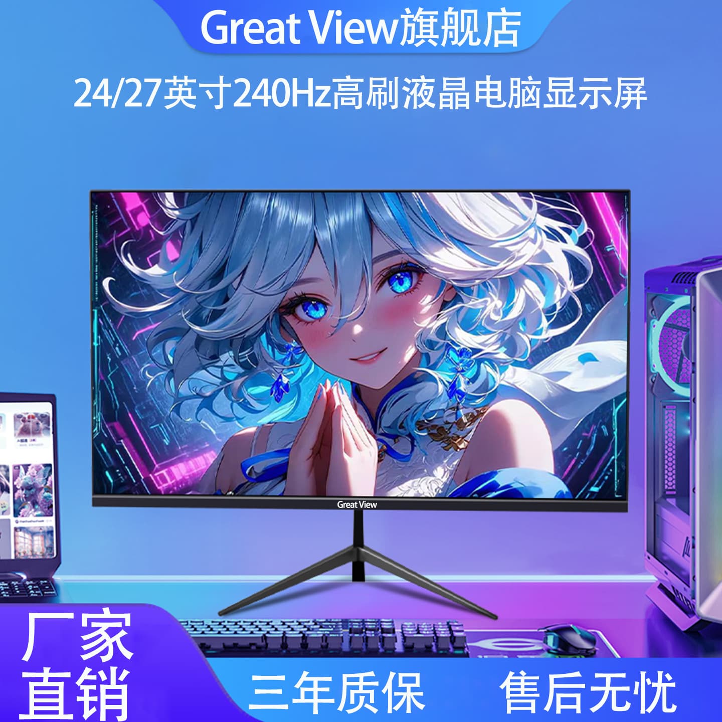 Great View 24/27 Inch Fast IPS Panel 240Hz High Refresh Rate Monitor LCD Screen Factory Direct