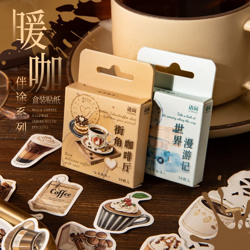 Yuxian Boxed Stickers 50-Pack, Warm Coffee Companion Light Vintage Scene DIY Collage Dessert Travel Pattern Scrapbook