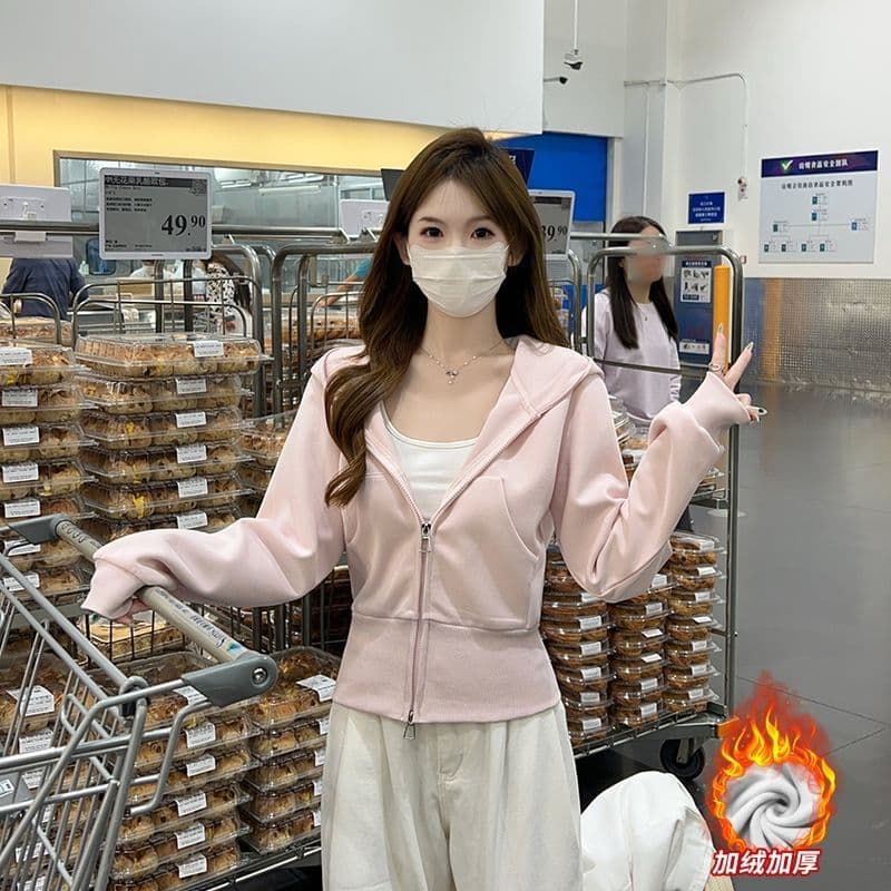 Women's Short Loose Hoodie, New Fall Style in Light Gray, Korean Slim Fit Casual Sport Cardigan Jacket