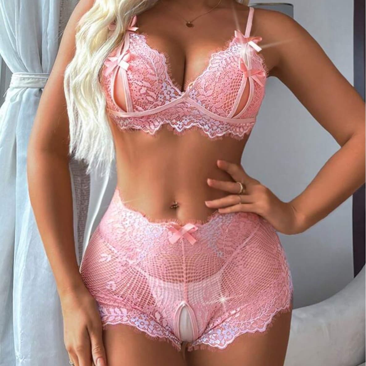 Cross-border Trade European and American Sexy Lingerie Set Lace Bodysuit Sheer Open Crotch Lace Three-Piece Set