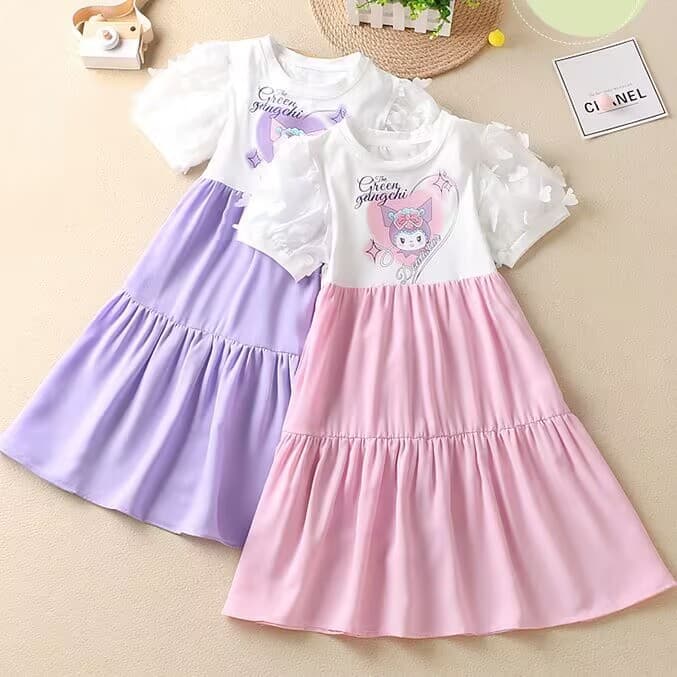 Girls' Summer Cute Cartoon Sweet Dress, Korean Style, Short Sleeve Princess Dress for Toddler & Little Girls