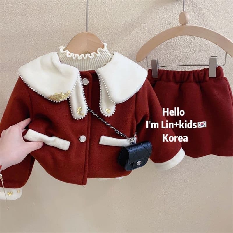 Girls' Woolen Tweed Two-Piece Set Winter 2023 New Year Outfit Little Girl Doll Collar Short Skirt Padded Two-Piece Set