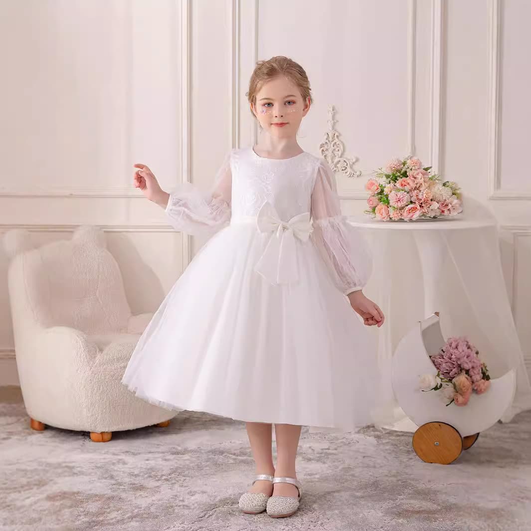Cross-border girls' dress new long-sleeved mesh princess dress bow wedding flower girl performance Girl dress