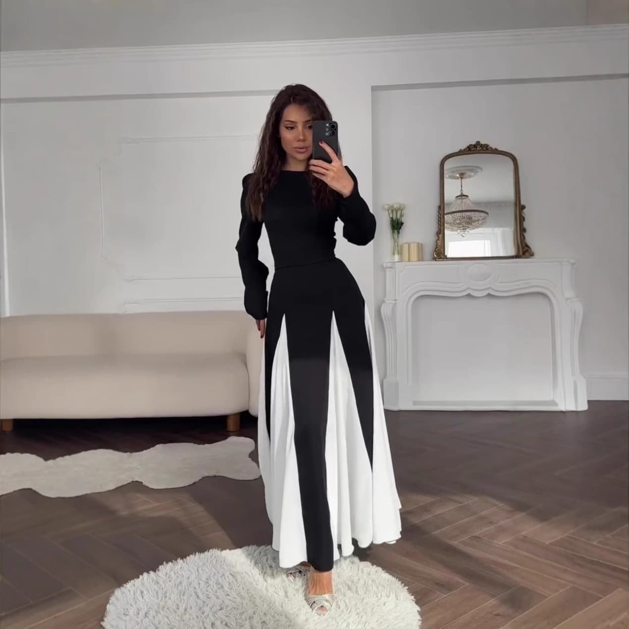 2024 Autumn/Winter New European and American Women's Fashion Cross-Border Round Neck Color-Block Long Sleeve High Waist Slim Fit Elegant Retro Dress