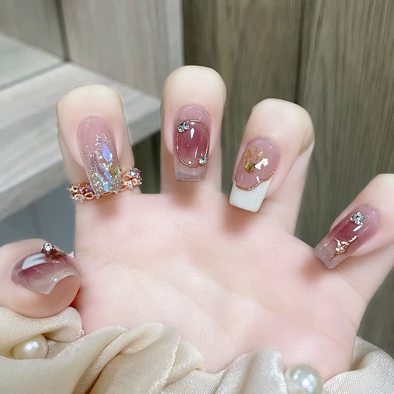 Yajiena - Heart Gradient Aurora Diamond Ballet White Nails Finished Removable Wearable Nails