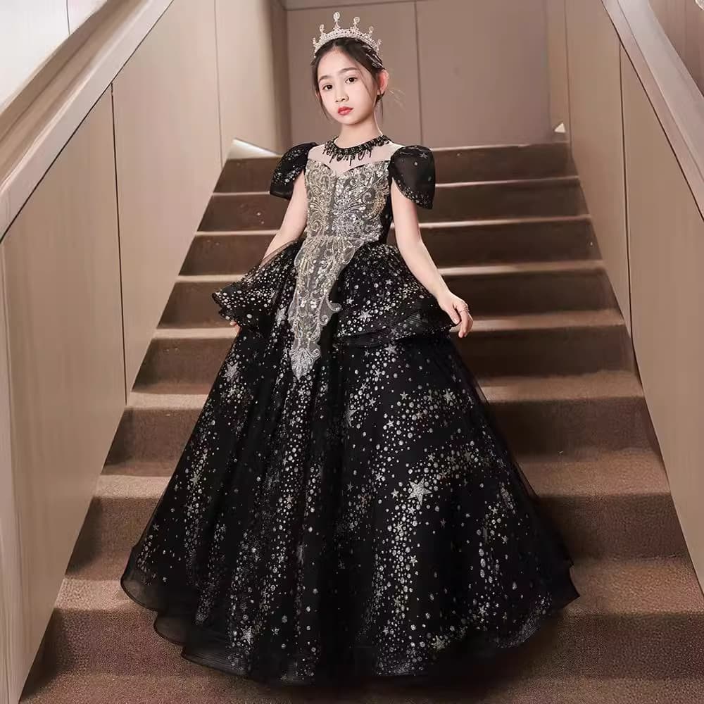 Children's Princess Dress Birthday Light Luxury Host Evening Dress Piano Performance Outfit Black