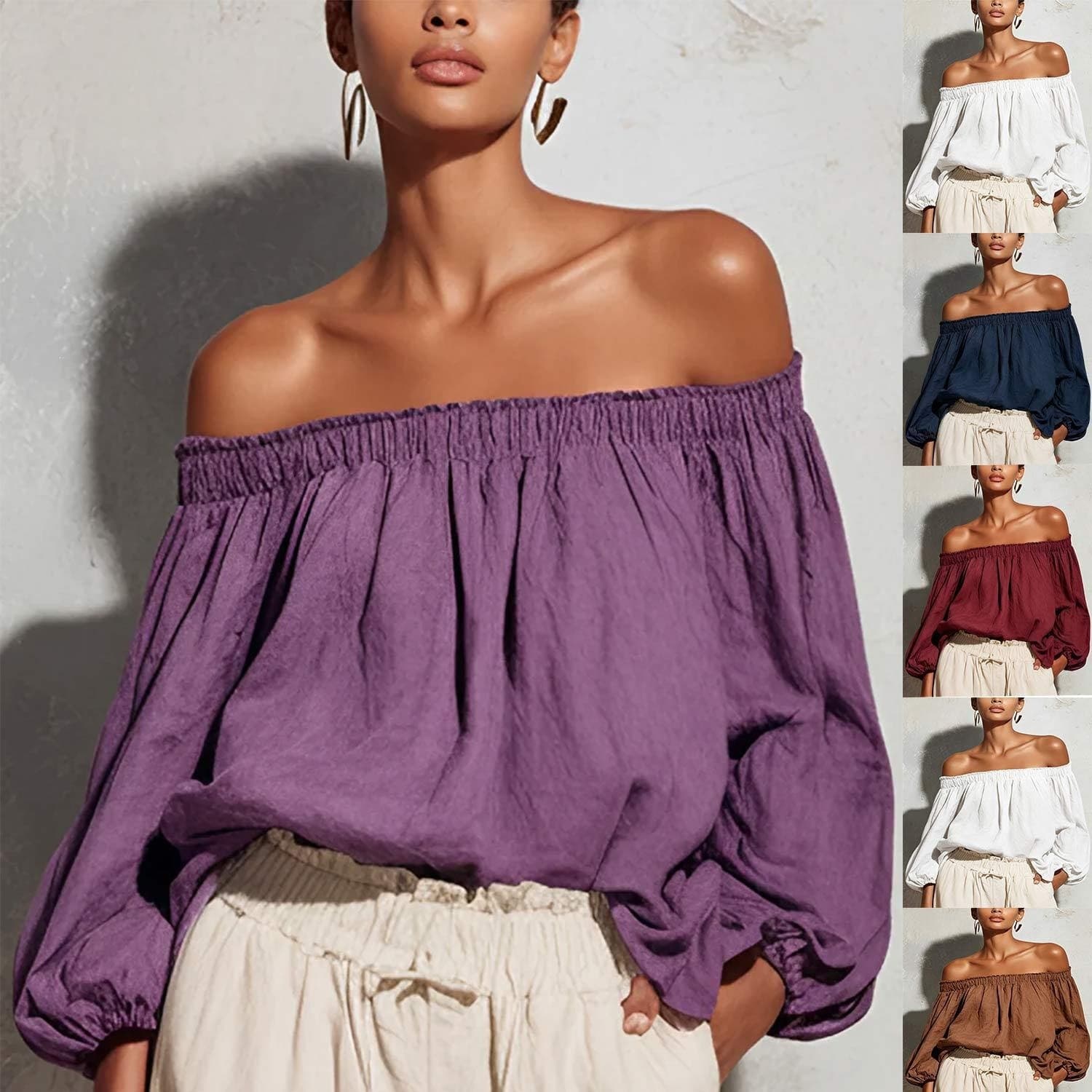 2026 New European and American Cross-border Amazon Off-shoulder Long Lantern Sleeve Top Cotton Linen Solid Color Women's Casual Shirt