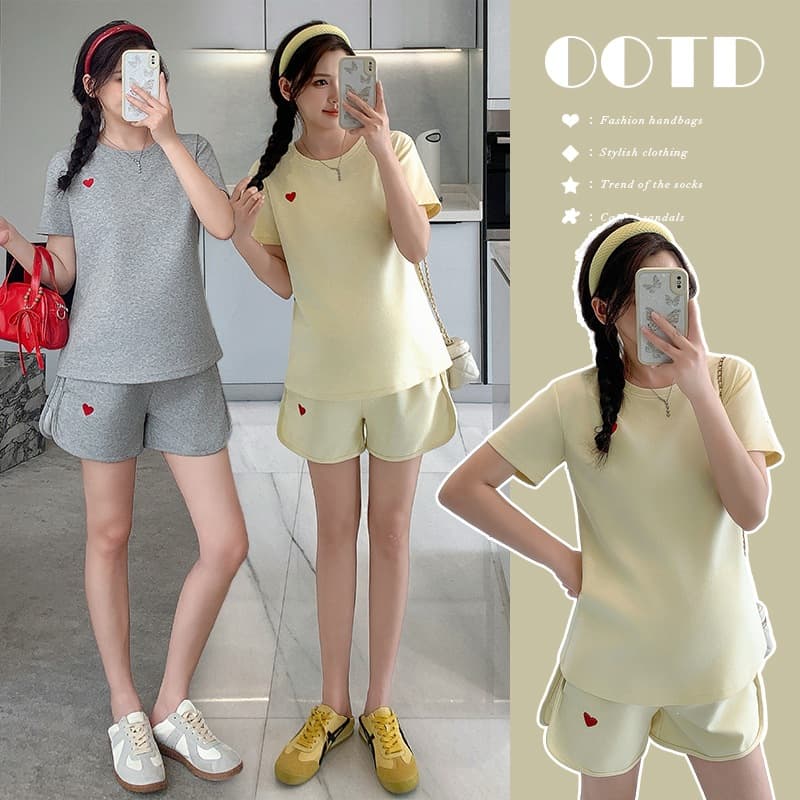 Maternity Wear 2026 Summer New Slimming Casual Heart T-Shirt + Outerwear Shorts Two-Piece Maternity Sportswear Set