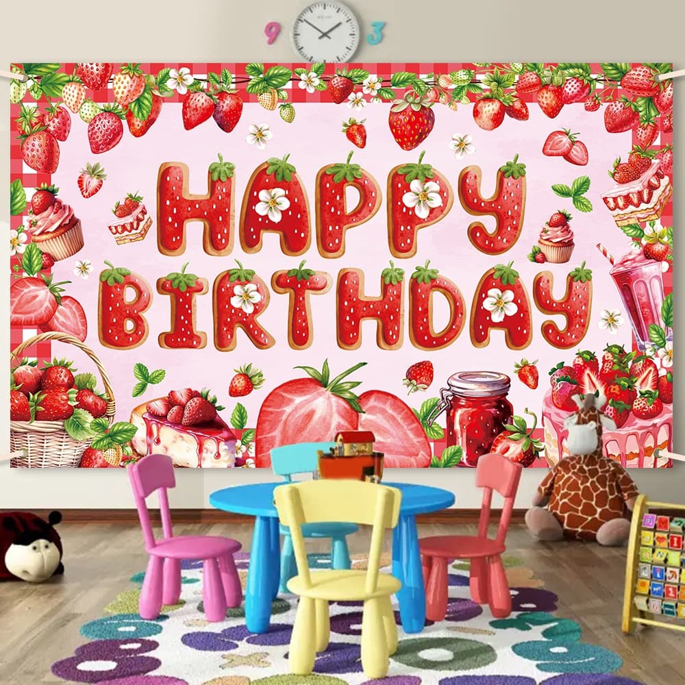 New Cross-Border Summer Strawberry Theme Decorative Backdrop Cloth Summer Strawberry Birthday Party Decoration Background Setup