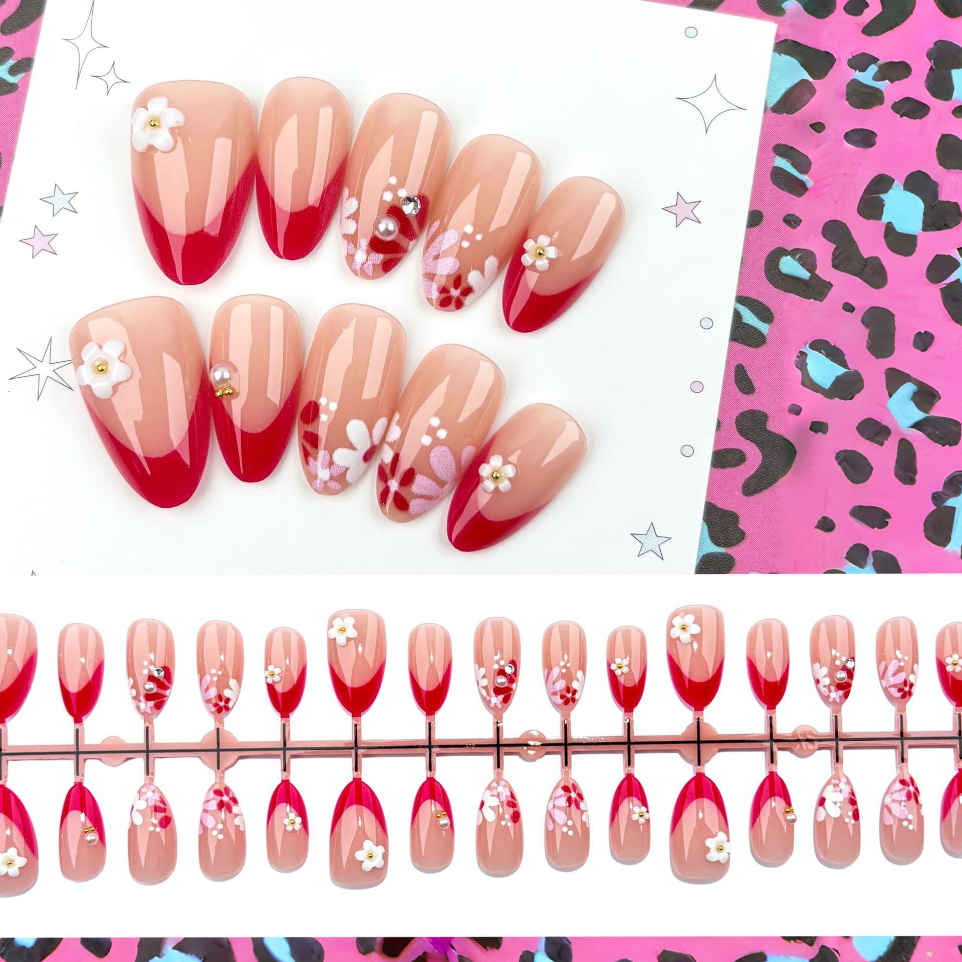 Rose Red French Floral Press-On Nails European American Trendy Spring Summer Cross-Border Hot Selling Short Almond Nail Tips