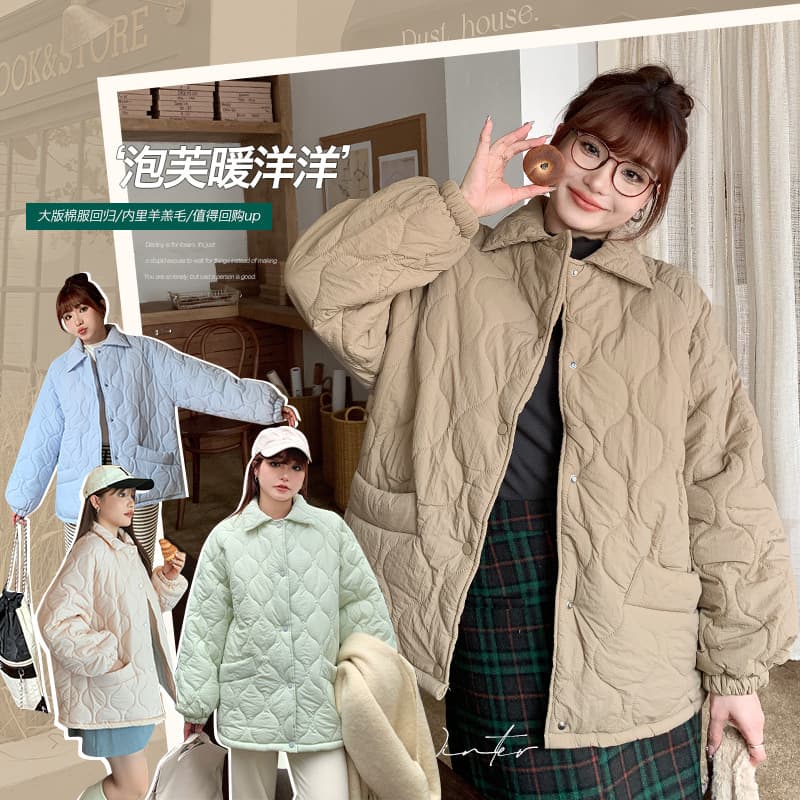 Winter Lined Thick Cotton Coat Outerwear Plus Size Curvy Girls Korean Style Fashion Candy Color Loose Slimming Cotton Jacket 62811