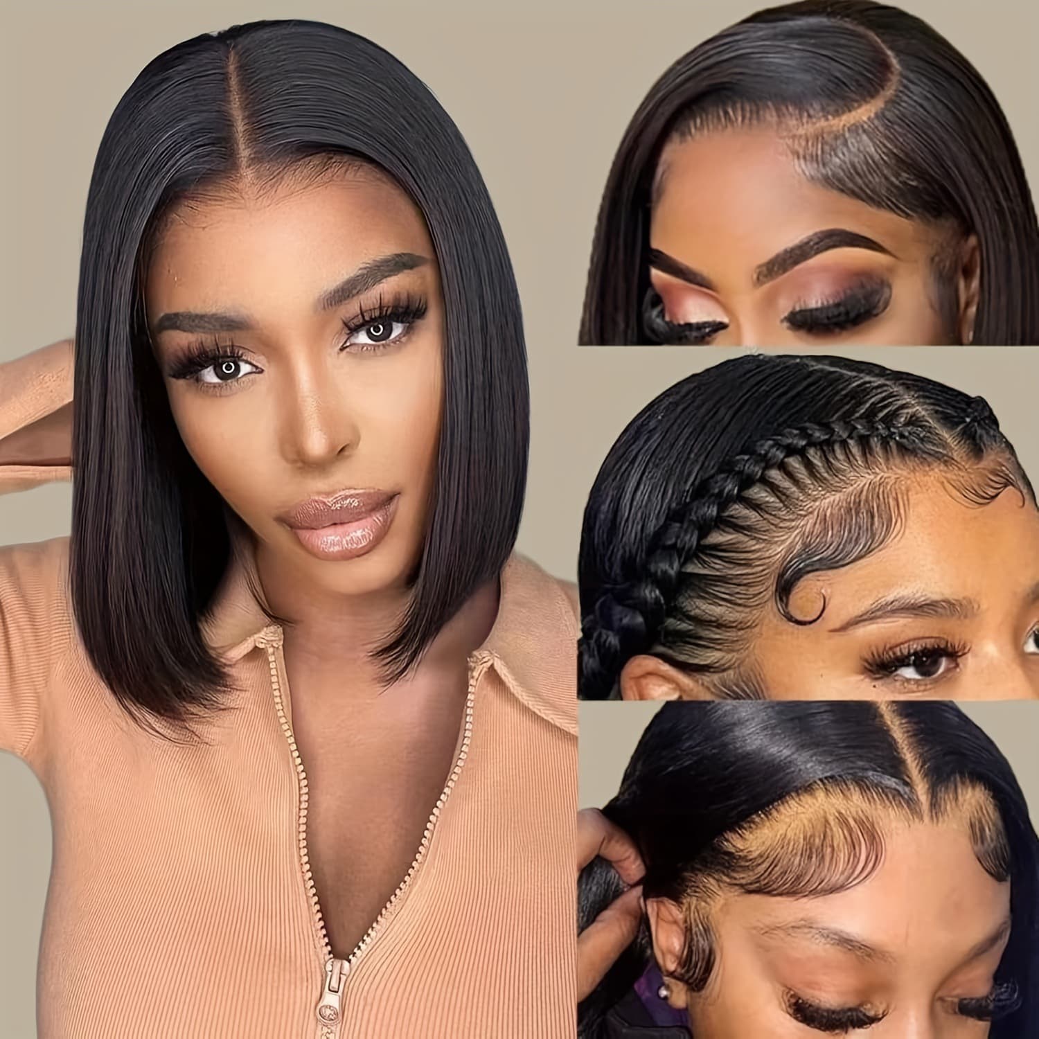Cross-border 13x4 human hair short straight hair bob wig female bob human hair splicing front lace headgear