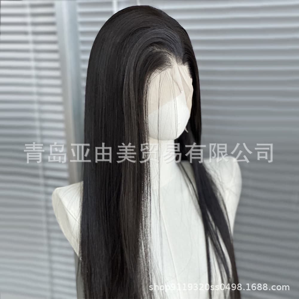 Imported silk 13*4 front lace natural black brown internet celebrity wig large lace black long straight casual seams fetal hair Liu