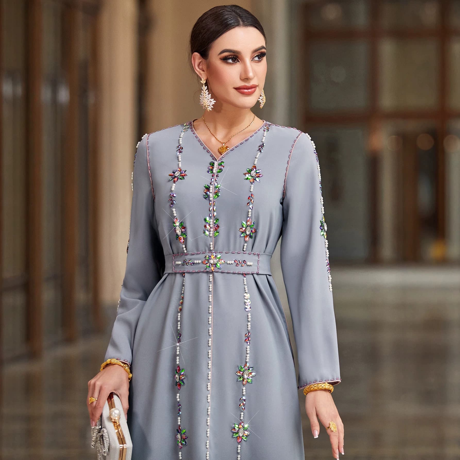 4039 Handcrafted Rhinestone Vertical Stripe Decoration Straight Long Formal Dress Solid Color Long Sleeve Waist-Cinching Slimming Simple Maxi Skirt