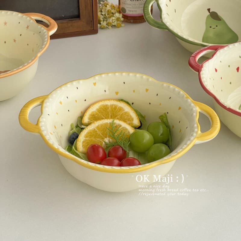 Beautiful Yogurt Bowl Ceramic New Rice Bowl High Appearance Oatmeal Breakfast Bowl Soup Bowl Double Ear Fruit Vegetable Salad Bowl