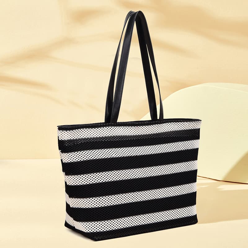 Cross-border Black and White Stripe Tote Bag, Knitted Fabric Tote Bag, Women's Fashionable Large Capacity Shoulder Bag, Canvas Bag