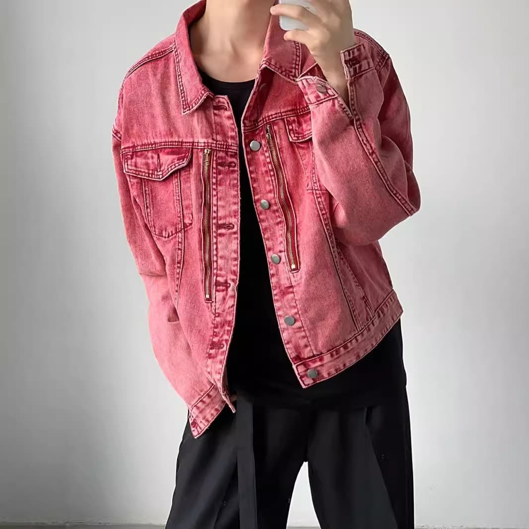 Amazon Pink Denim Jacket Washed Vintage Unique Design Cross-Border American Men's Trendy High-End Short Jacket