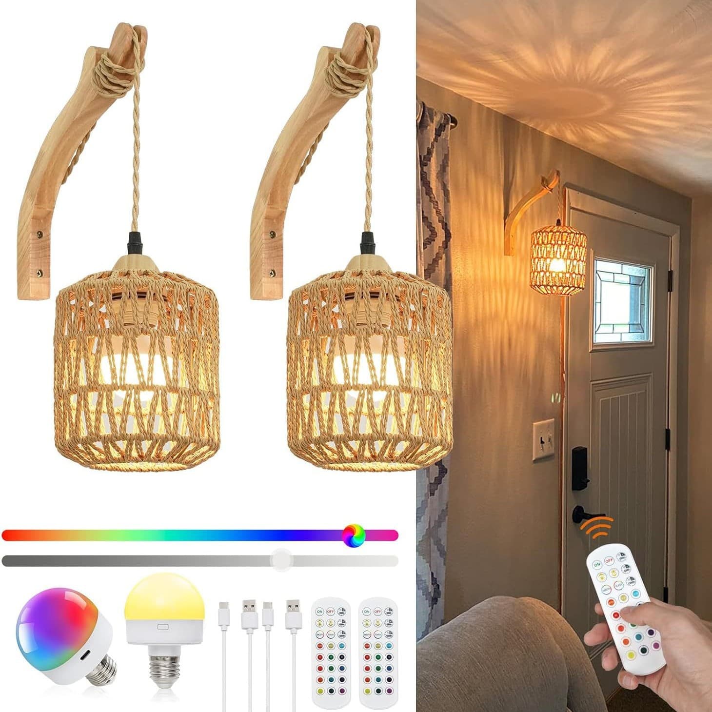 Amazon Battery Wall Lamp Wireless Charging Rattan Solid Wood Wall Light with Remote Control Dimmable Hemp Rope Wall Sconce
