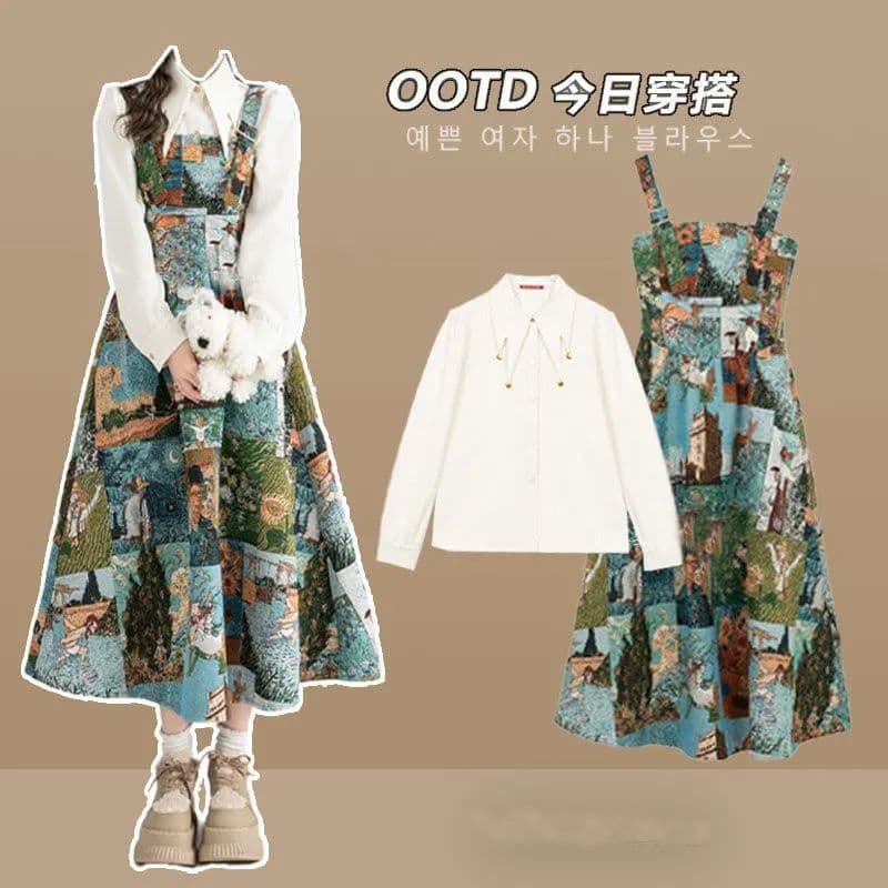 2025 Spring-Summer Women's Wear New High-End Artistic Jumper Dress Retro French Long-Sleeve Shirt Two-Piece Set