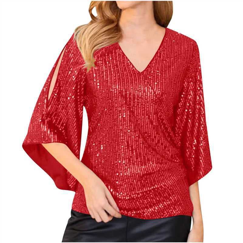 2023 New Arrival [Real Shots] [Real Price] Loose-fitting Mid-length Sequined T-shirt for Women, Short-sleeved Pullover ~ In Stock, European and American Style